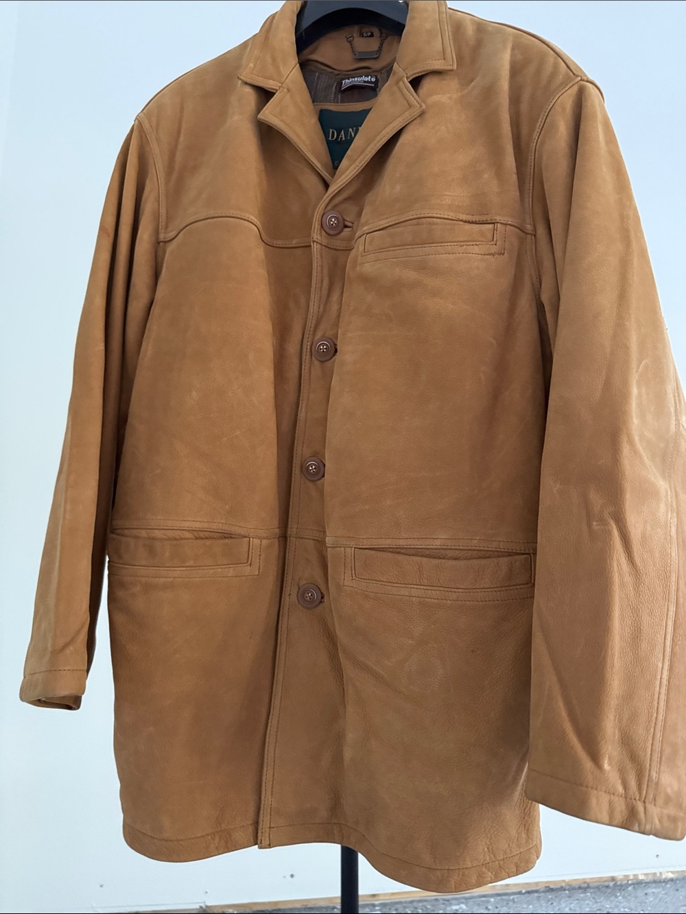 Danier Brown Leather Button-Front Pea Coat